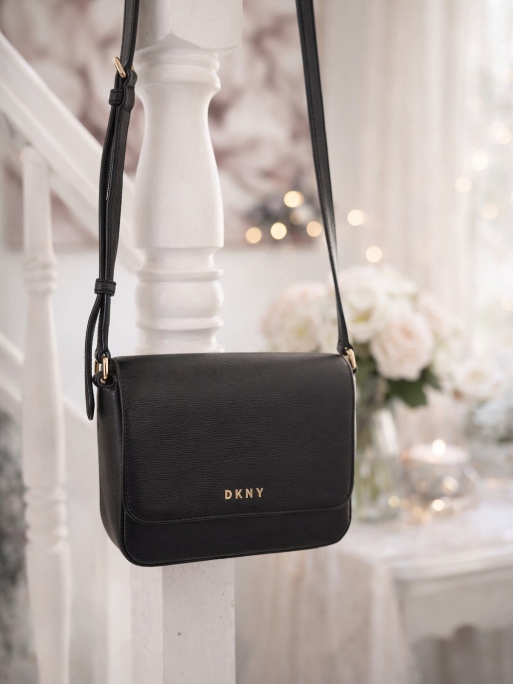 DKNY Black Leather Crossbody Bag | Gold Logo | Small Shoulder Purse
